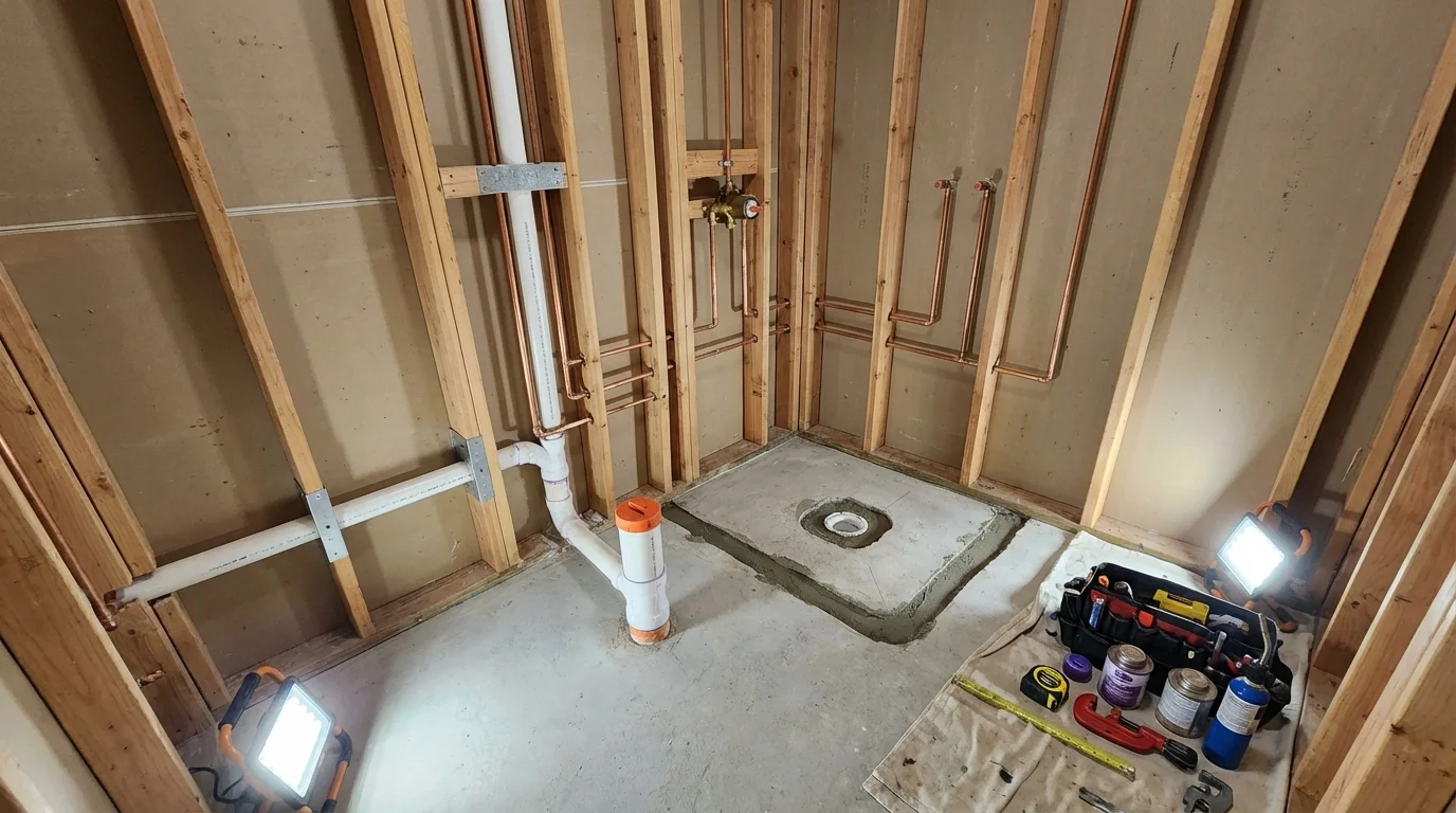 Bathroom rough-in plumbing during remodel by Johns Plumbing LLC in Voorheesville