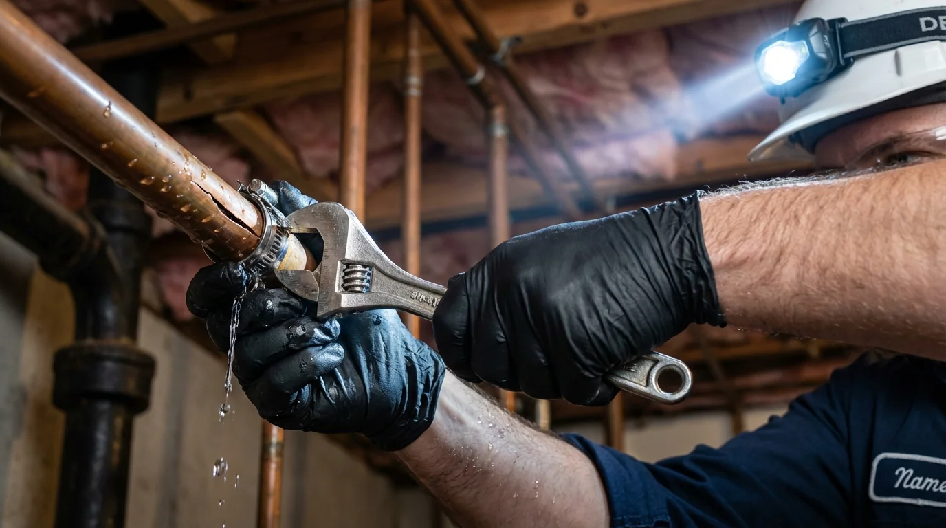 Emergency pipe clamp repair being performed by a Johns Plumbing LLC plumber in Voorheesville