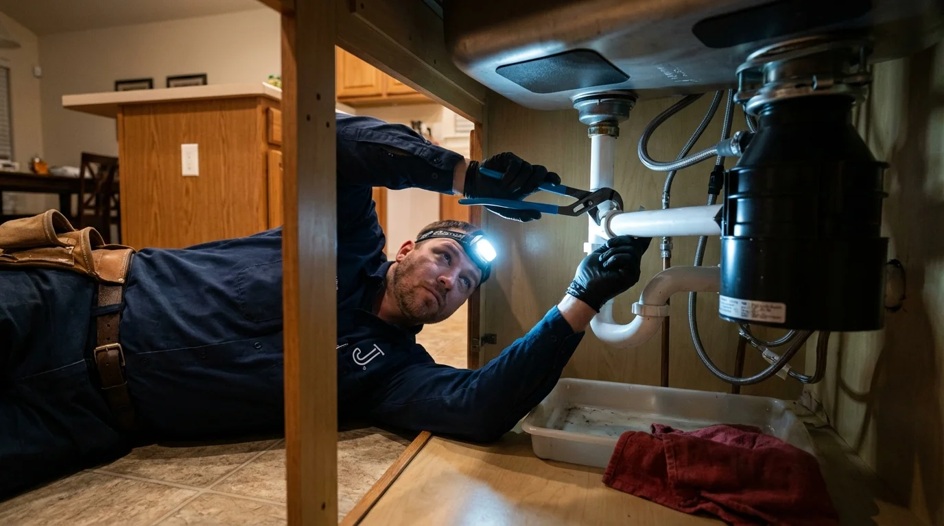 P-trap and supply line connections under a kitchen sink showing a common leak point in Voorheesville, NY
